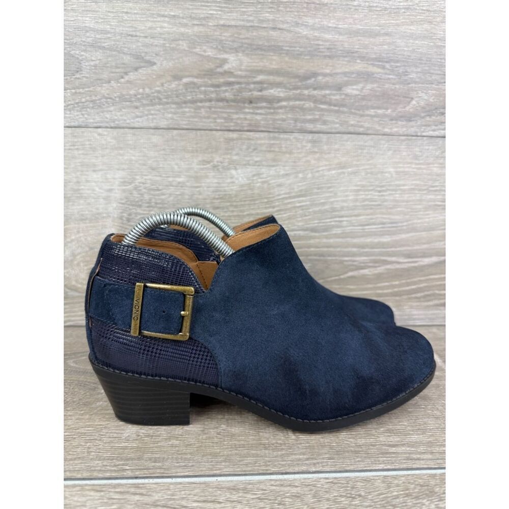 Vionic Ama Navy Blue Leather Women’s Sz 8 Heeled Zip Buckle Ankle Boots